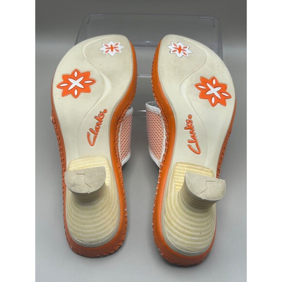 Clarks Womens Sandals Thong White Orange Slip On Vintage Wooden Heels Size 8.5 - Picture 8 of 9